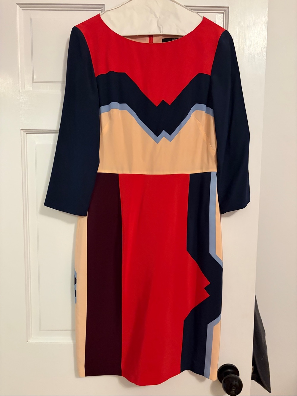 Tibi Red, Navy & Cream Colorblock Long-Sleeve Dress